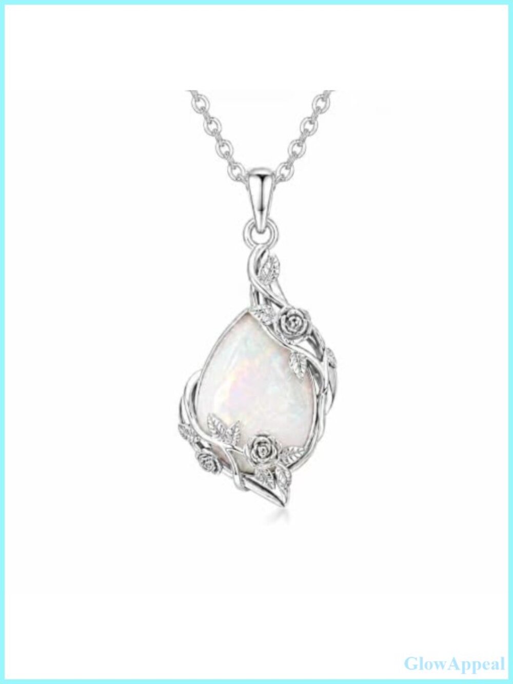 White Gold Plated Teardrop Pendant Necklace with Opal Rose Flower Vine
